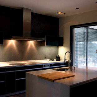 Design ideas for a large modern kitchen pantry in Other with an undermount sink, glass-front cabinets, black cabinets, quartzite benchtops, grey splashback, terra-cotta splashback, dark hardwood floors and with island.