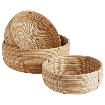 Set of 3 Natural Cane Rattan Decorative Bowl Low Baskets Round Nesting Coiled