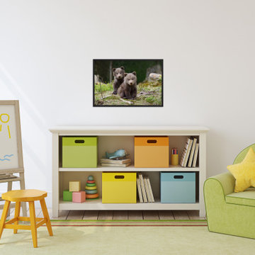 Baby Brown Bear Cubs In Forest Rustic Farmhouse Style Wall Art Prints