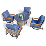 HiGreen Outdoor - Manbo 5-Piece Aluminum Wicker Outdoor Fire Pit Deep Seating Set with Cushions, Spectrum Indigo Acrylic - Make any cool evening cozy with the Mambo outdoor fire pit set. Each relaxing swivel chair is made with a durable rust-resistant powder coated aluminum frame crafted using large weave all-weather woven wicker. Acrylic cushions are UV resistant and sturdy, providing a beautiful look. The inviting 48 in. round fire pit has a hand painted with a handsome faux-wood pattern top and uses a standard propane tank. Fire glass comes with the unit, but the fire pit is also compatible with lava rocks (not included).