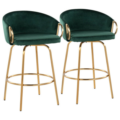 Claire 26" Fixed Height Counter Stool, Set of 2, Gold Steel, Green Velvet