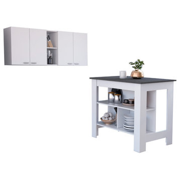Austin 2-Piece Kitchen Set, Upper Wall Cabinet & Kitchen Island, White/Onyx