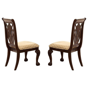 Style Wooden Fabric Side Chair With Floral Motifs, Brown, Cream, Set Of 2