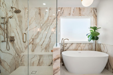 Inspiration for a master mosaic tile floor bathroom remodel in Dallas with a hinged shower door