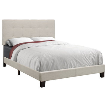 Contemporary Upholstered Bed, Beige, Full, Material: Linen