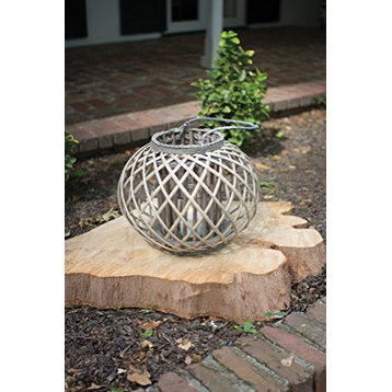Low Round Grey Willow Lantern with Glass - Small