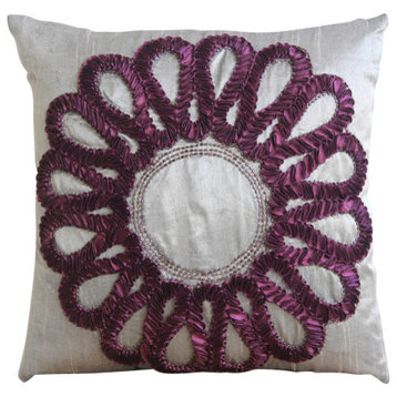 Ribbon Flower 16"x16" Art Silk Gray Accent Pillows, Gray Vine Blooms