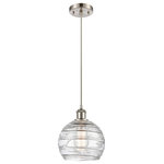 INNOVATIONS LIGHTING - INNOVATIONS LIGHTING 516-1P-SN-G1213-8 Deco Swirl 1 Light Mini Pendant - INNOVATIONS LIGHTING 516-1P-SN-G1213-8 Deco Swirl 1 Light Mini PendantThe Deco Swirl 1 Light Mini Pendant is part of the Ballston Collection. Includes 10 Feet Brown WireFamily Name: Deco SwirlCollection Name: BallstonMetal Finish(Body): Brushed Satin NickelMetal Finish (Canopy/Backplate): Brushed Satin NickelMaterial: Steel, Cast Brass, GlassDimension(in): 10(H) x 8(W) x 8(Dia)Glass Shade Description: Clear Deco SwirlGlass Type: Transparent Glass or Metal Shade Shape: SphereGlass or Metal Shade Color: ClearShade Material: GlassShade Size(Diameter x Height): 8 X 7Shade Dimension(in): 8(Dia) x 7(H)Canopy Dimensions(in): 4.5 x .75Minimum Height (Fixture Height with Shade, Cord or Included Stems & Canopy)(IN): 13.75Max Height (Fixture Height with Cord or Included Stems & Canopy)(IN): 131.75Cord: 10 Feet Of Silver CordSloped Ceiling Compatible: YesBulb: (1)60W Medium Base Incandescent(Not Included), DimmableColor Temperature: 2200Lumens: 220Color Rendering Index(CRI): 99.9Life Expectancy(Hours): 2000Voltage : 120Warranty: 2 Year Finish, Lifetime ElectricalSlope Ceiling Compatible4.5 inch 2mm Heavy Cast CanopyRated for 100 Watt MaximumUL/CUL Damp RatedIn order to maintain the finish we recommend simply using water and a cheesecloth towelCompatible with Incandescent, LED, Fluoresent and Halogen bulbs