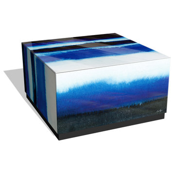 "Blue Run Off I" Reverse Printed Art Glass Cocktail Table with Black Plinth Base