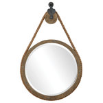 Uttermost - Melton Round Mirror - This rustic mirror design features an aged natural wood finish with exposed nail head accents and thick rope detailing that surrounds the mirror's frame. The mirror is hung using an antique-inspired pulley with aged black detailing and a matching aged black decorative hanging hook. This round mirror incorporates a generous 1" bevel.