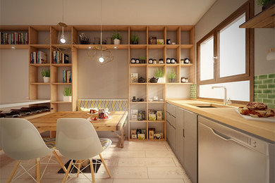 Inspiration for a small eclectic l-shaped open plan kitchen in Bilbao with a single-bowl sink, flat-panel cabinets, grey cabinets, wood benchtops, green splashback, subway tile splashback, stainless steel appliances, laminate floors, no island and beige floor.
