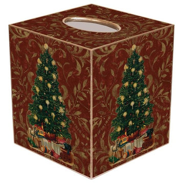 TB389- Christmas Tree on Red Damask Tissue Box Cover