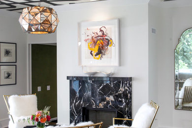Mid-sized trendy enclosed dark wood floor living room photo in Other with white walls, a standard fireplace, a stone fireplace and no tv