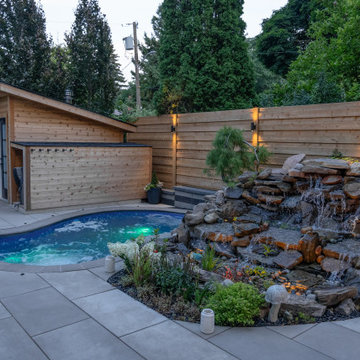 Backyard Pool, Waterfall, Deck, Hot Tub, Pergola, Outdoor Kitchen, Interlocking