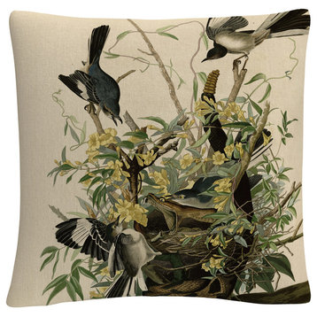 John James Audubon 'Mocking Birds And Snake Ii' 16"x16" Decorative Throw Pillow