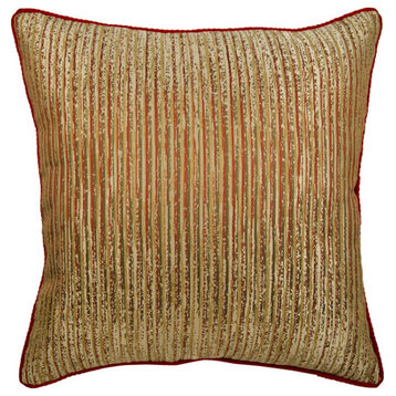 Gold Throw Pillow Cover, Abstract Stripe 16"x16" Silk, Toasted Coral Gold