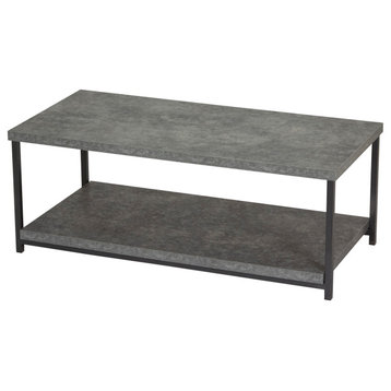 Rectangular Coffee Table, Storage Shelf Rustic Slate Concrete, Black Metal