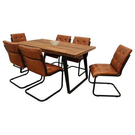 Anaheim 7-Piece Dining Set With 63" Table and 6 Medium Brown Leather Chairs