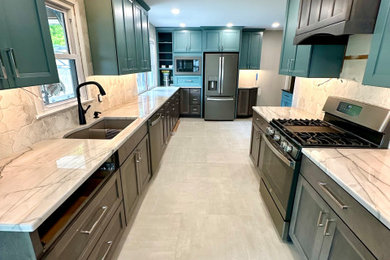 Inspiration for a large transitional galley porcelain tile and beige floor eat-in kitchen remodel in Omaha with an undermount sink, recessed-panel cabinets, turquoise cabinets, quartzite countertops, white backsplash, porcelain backsplash, stainless steel appliances, no island and white countertops