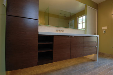 Trendy tub/shower combo photo in San Francisco with quartz countertops, an undermount tub and a one-piece toilet