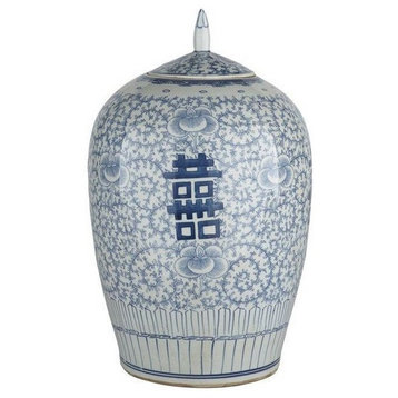 Blue and White Porcelain Double Happiness Chinoiserie Lidded Ginger Jar, 14"