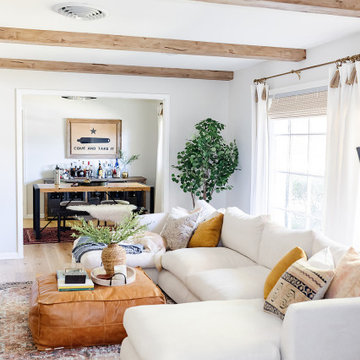 Farmhouse Inspired Living Room with Faux Wood Beams