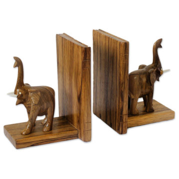 NOVICA Good Luck Elephant And Wood Bookends  (Pair)