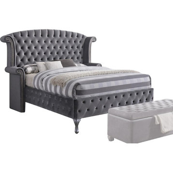Queen Tufted Gray Upholstered Velvet Bed With Nailhead Trim