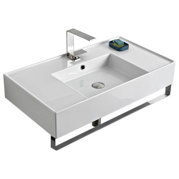 32" Ceramic Wall Mount Sink With Counter Space With Towel Bar, 1-Hole