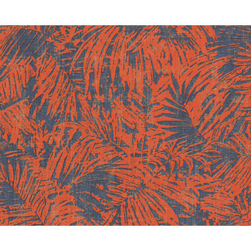 Jungle Textured Wallpaper, Palm Tree Leaves, Orange Blue Gray, 1 Roll
