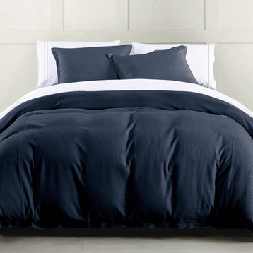Hera Washed Linen Flange Duvet Cover, 1 Piece, Navy, Twin
