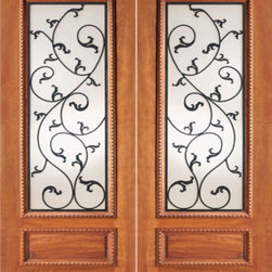 Leaf Scrollwork Ironwork Glass, Prehung Double Door, Mahogany - Front Doors