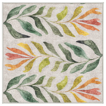 Washable Ombre Leaves Sunset Green Area Rug, Square 8'