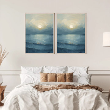Organic Modern Blue Wave Sunset Abstract Canvas Art