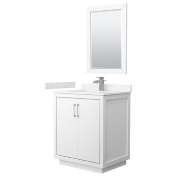 Icon 30" Single Vanity, White, Carrara Marble Top, Nickel Trim, 24" Mirror