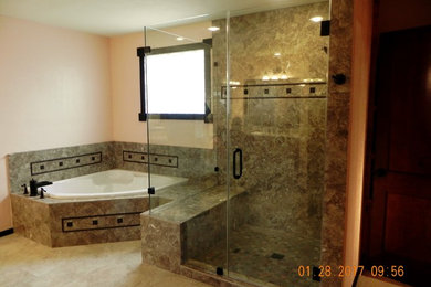 Transitional master beige tile porcelain tile bathroom photo in Other with shaker cabinets, medium tone wood cabinets, beige walls, an undermount sink and granite countertops