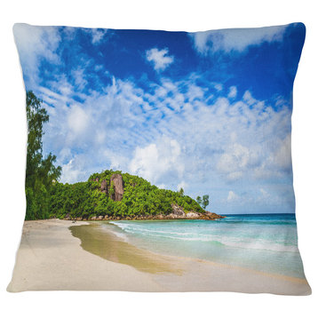 Seychelles Tranquil Tropical Beach Modern Seascape Throw Pillow, 18"x18"