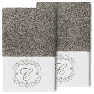 Linum Home Turkish Cotton Monica 2-Piece Embellished Hand Towel Set, Dark Gray