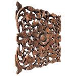 Asiana Home Decor - Tropical Floral Carved Wood Square Plaque, Dark Brown, 17.5" Extra Thick - This oriental carved flower wood plaque will add a captivating elegance to your room. Made from teak wood carved by fine Thai craftsman.