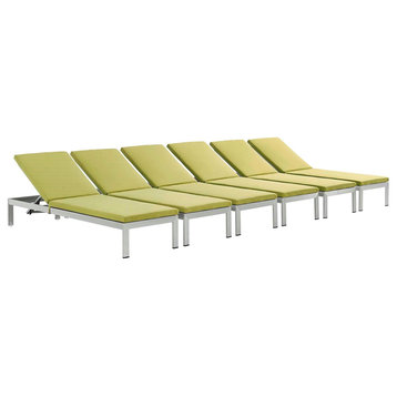 Modern Urban Outdoor Patio Chaise Lounge Chair, Set of 6, Green, Aluminum