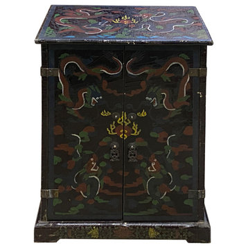 Chinese Distressed Black Color Dragons Graphic Side Table Cabinet Hcs7228