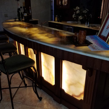 Custom "Gatsby" Mahogany Bar - front top view with lighting
