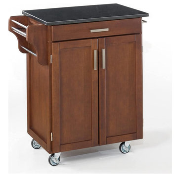 Modern Kitchen Cart, Hardwood Cabinet With Elegant Black Granite Top, Cherry
