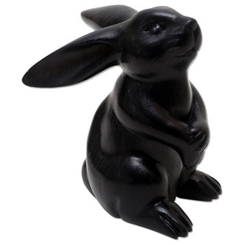 Novica Handmade Adorable Rabbit In Black Wood Sculpture