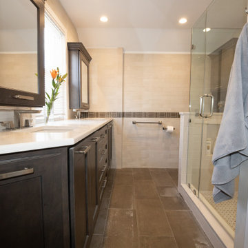 Sleek Contemporary Master Bathroom | Dark Vanity & Frameless Shower
