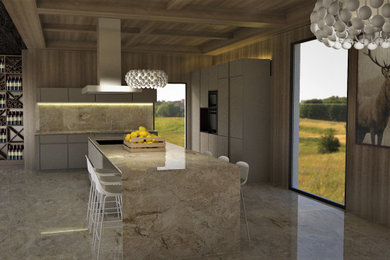 Exemple d'une grande cuisine ouverte encastrable moderne avec un évier encastré, un placard à porte plane, plan de travail en marbre, une crédence en marbre, un sol en marbre, îlot et poutres apparentes.