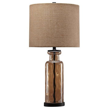 Glass Table Lamp With Fabric Drum Shade, Gold And Beige
