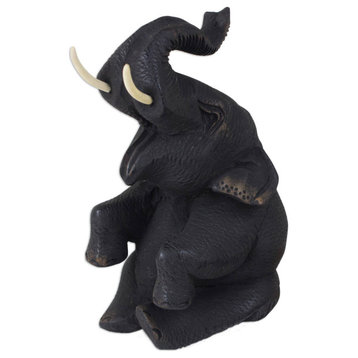 NOVICA Happy Baby Elephant And Teak Wood Sculpture
