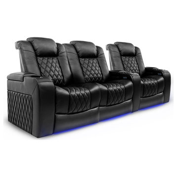 Tuscany Leather Home Theater Seating, Black, Row of 3 Loveseat Left