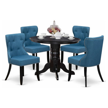 A Dining Set Of 4 Chairs, Mineral Blue Color, 42" Round Table Using Black Color